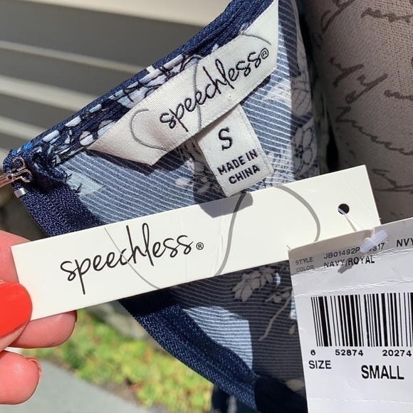 Speechless Juniors Navy/Royal Floral Faux Wrap Dress - Picture 14 of 16